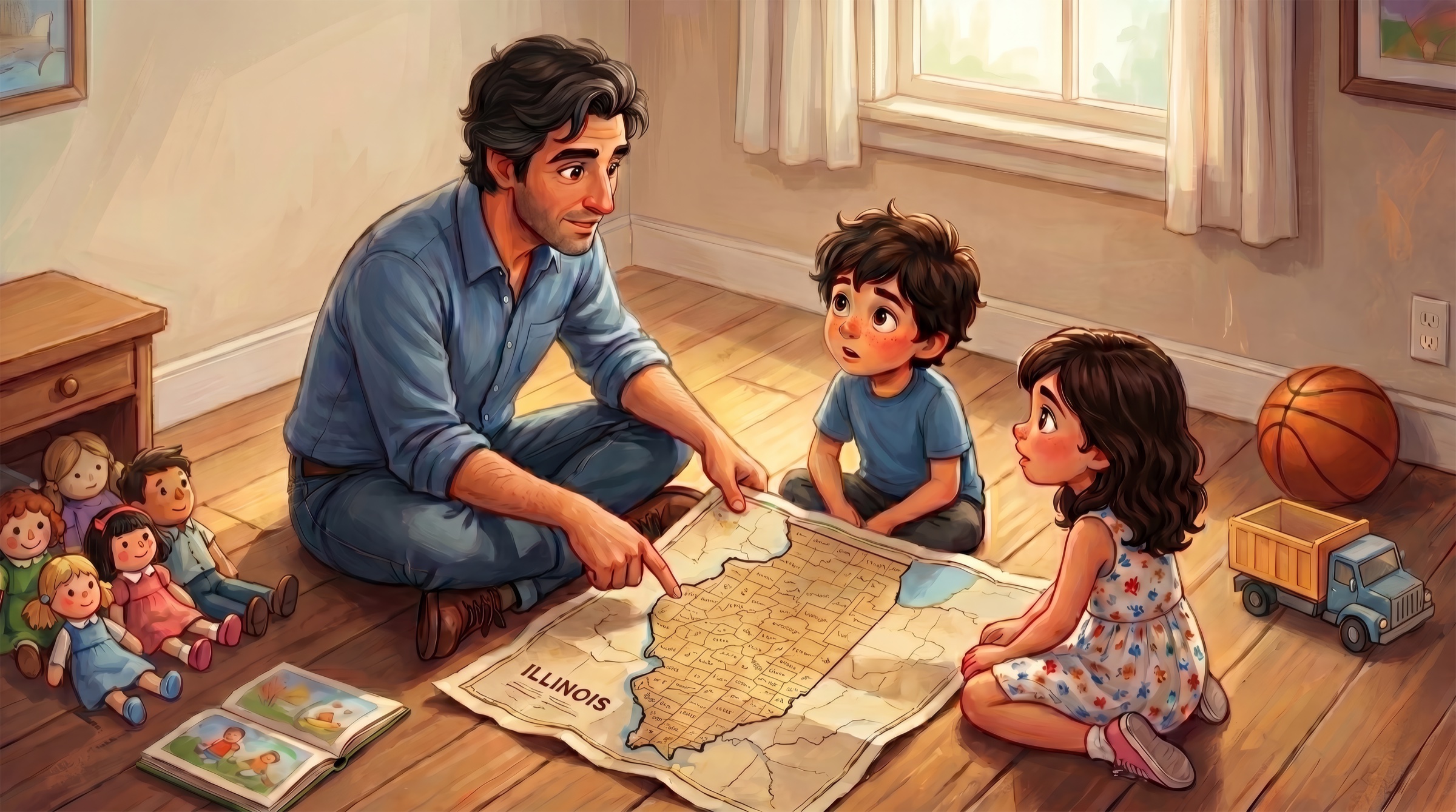 Dunlap Days children's book — father showing children a map of Illinois