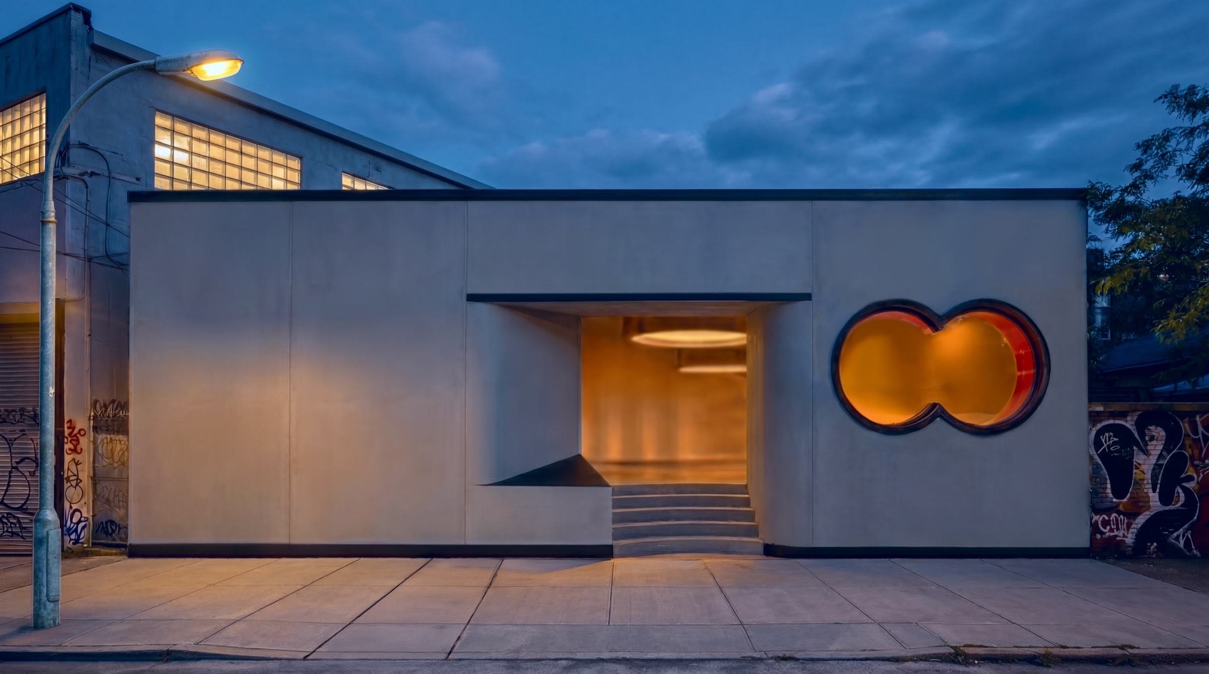 The Round music venue facade, front elevation at dusk
