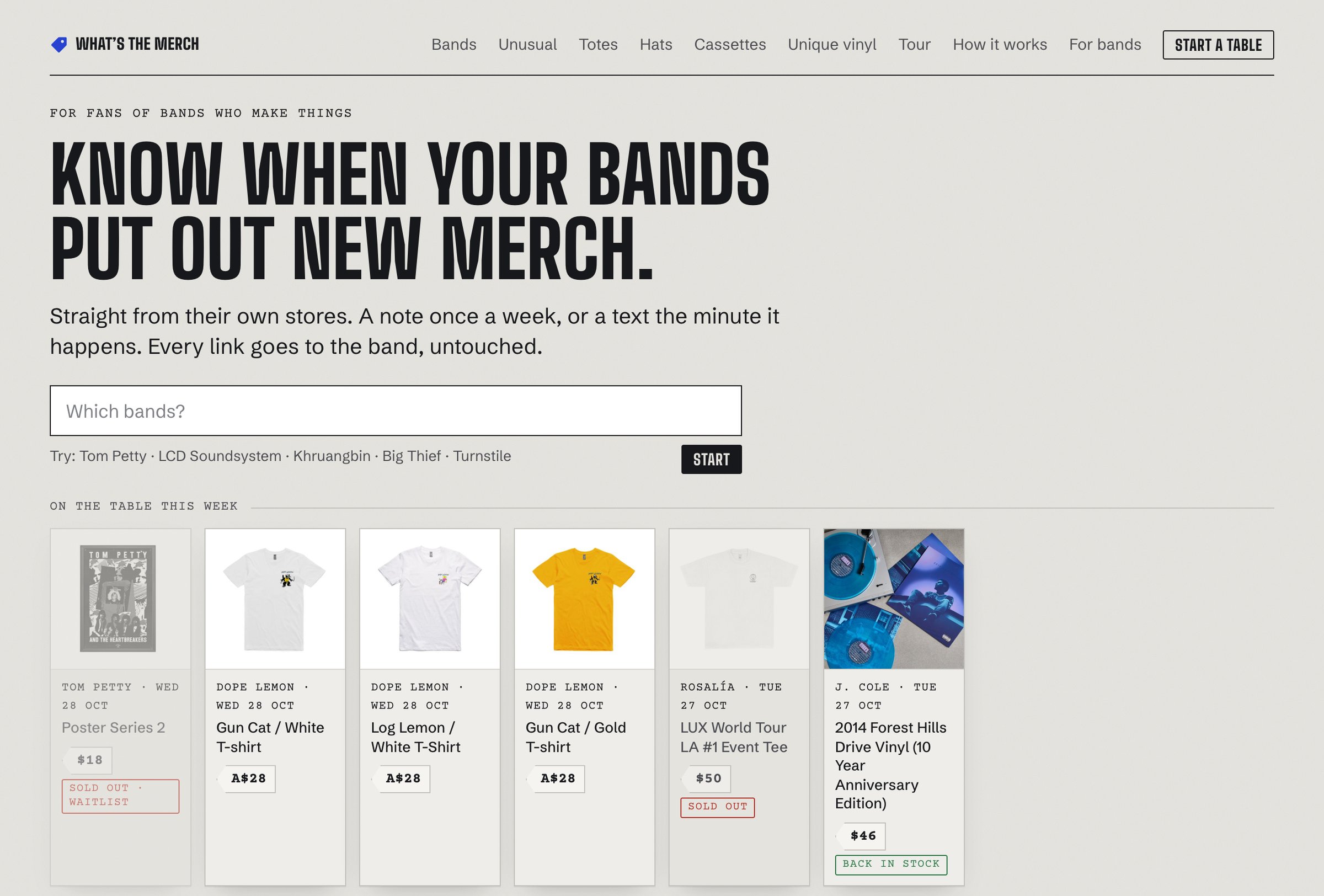 What's the Merch home page — headline and this week's new merch cards